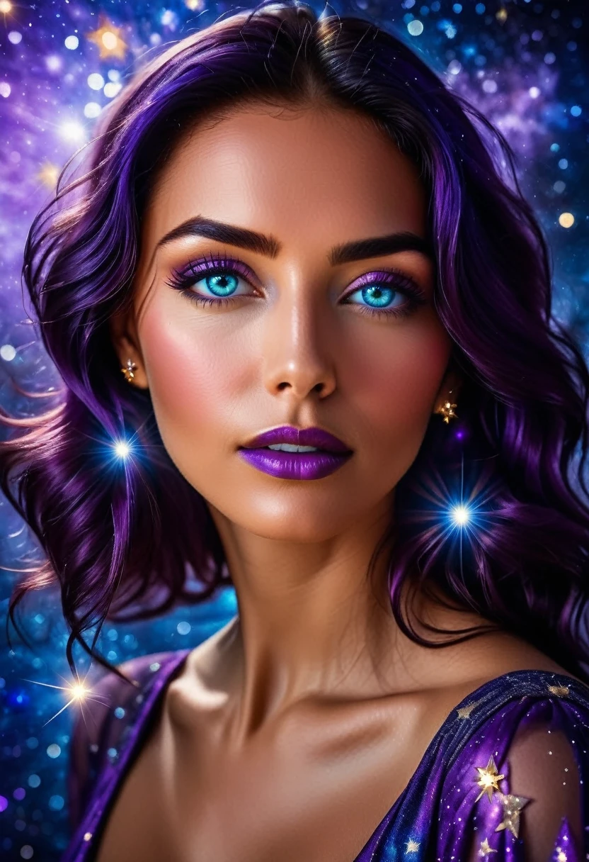 a extreme close up facial picture of an astrologist who divine the future from the stars, an extraordinary beautiful woman, divining the future from the stars, there is magic in her eyes, the ((irises are colored deep blue filled with stars: 1.3)), dynamic hair color, dynamic hair style, she sits near a table, dynamic clothing, dynamic background, vibrant, Ultra-high resolution, High Contrast, (masterpiece:1.5), highest quality, Best aesthetics), best details, best quality, highres, 16k, [ultra detailed], masterpiece, best quality, (extremely detailed), Cinematic Hollywood Film style, Genetically modified..., GlowingRunesAI_purple