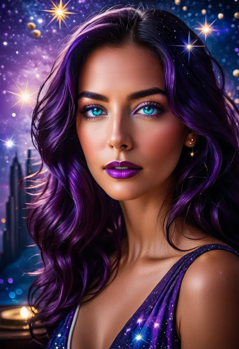 Photograph of a well dressed female aroused hyperrealist by David Hockney and Alphonse Mucha, photorealistic, dynamic lighting, art station, poster, volumetric lighting, highly detailed face, 4k, award-winning, 1 woman, darkness, deep shadows, low key, portrait, bob hair, yellow and Purple mixed hair, glasses, Big breasts, looking straight at the viewer, (Neon fractal pattern against black starry background:1.2), Beautiful Evening Dress, neon lights,