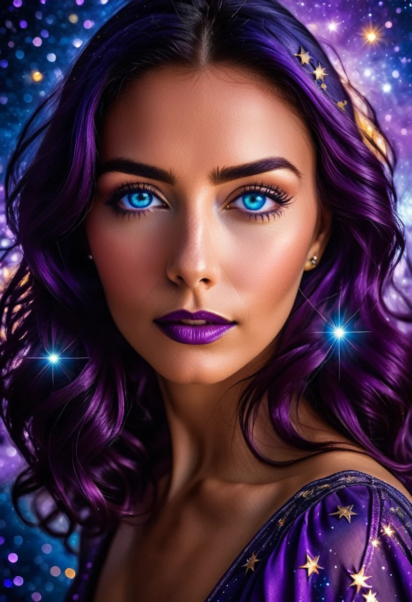 a extreme close up facial picture of an astrologist who divine the future from the stars, an extraordinary beautiful woman, divining the future from the stars, there is magic in her eyes, the ((irises are colored deep blue filled with stars: 1.3)), dynamic hair color, dynamic hair style, she sits near a table, dynamic clothing, dynamic background, vibrant, Ultra-high resolution, High Contrast, (masterpiece:1.5), highest quality, Best aesthetics), best details, best quality, highres, 16k, [ultra detailed], masterpiece, best quality, (extremely detailed), Cinematic Hollywood Film style, Genetically modified..., GlowingRunesAI_purple