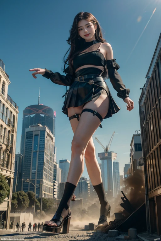 Ground View，giantesscity,giant girl 500 feet high，skyscrapers,Have a pair of ultra long legs,stepping in the crowd，many people in street,a pair of huge breasts，Princess，mini skirt,black silk socks，Has black waist-length hair，Wearing a pair of Mary Jane heels，A look of enjoyment，standing on a ruins，Beautiful appearance，Exquisite makeup，quality，8k，高quality，Perfect proportion, Cinema lighting，film grain，Fuji colors，8k，textured skin，Super details，high detail，high quality，high resolution，explode，fake smile