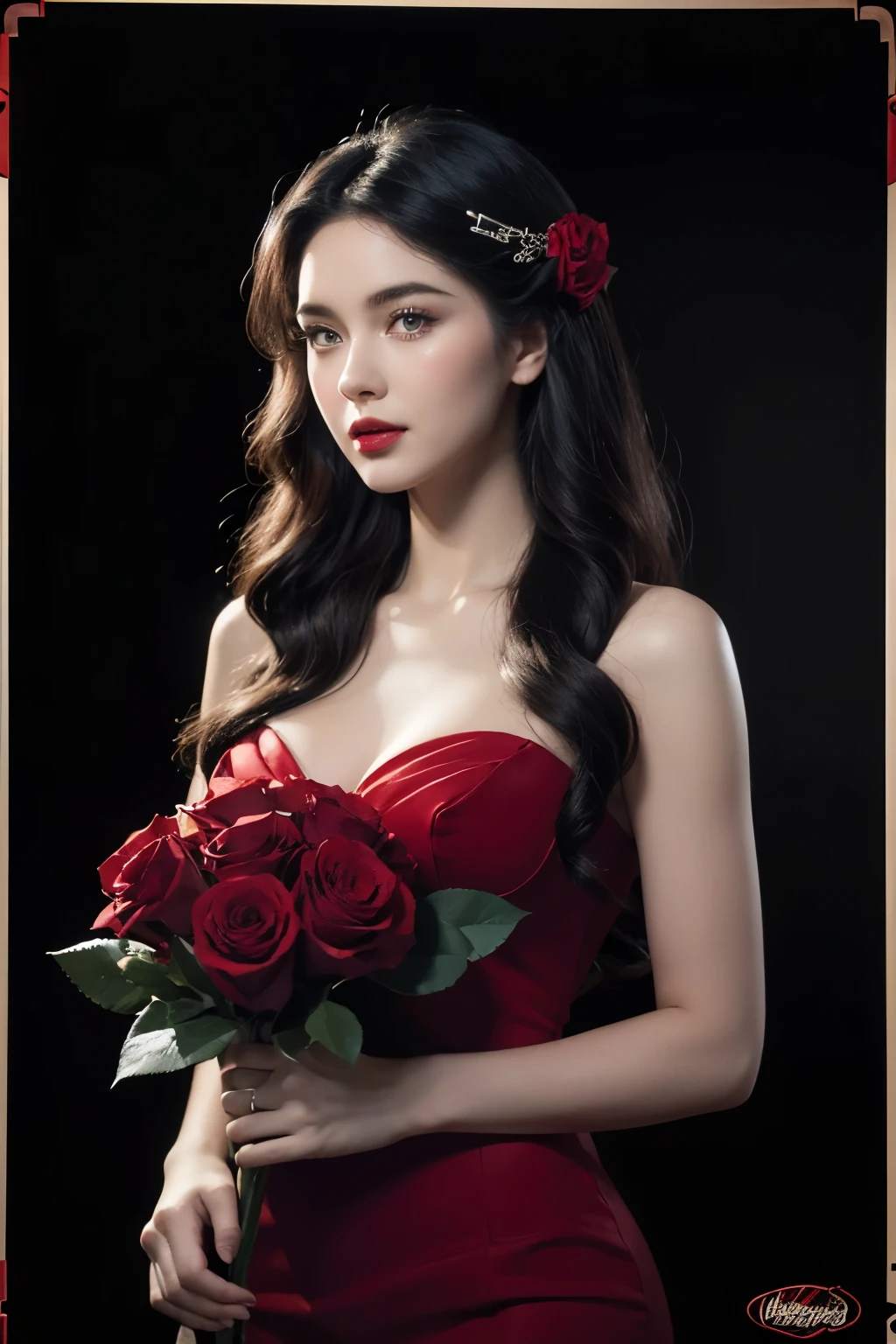 a woman holding a rose in her hand with a black and white background, red rose in hair, red rose, beautiful retro art, holding a rose, holding a red rose, vintage noir, artstyle tom bagshaw, gorgeous art, gorgeous woman, by Mark Brooks, red roses, by Wayne England, beautiful artwork, rose in hair, by Glen Angus