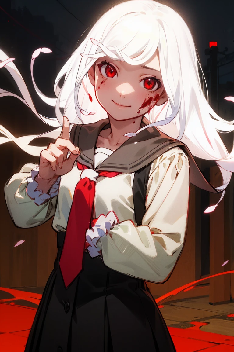 1 girl，Detailed details，White hair，white snake，red eyes，smile，shining eyes，God，A white scrunchie in one hand，red tie，sailor，long sleeve，night，blood splatter，Bloody，almost pitch black，dark lighting