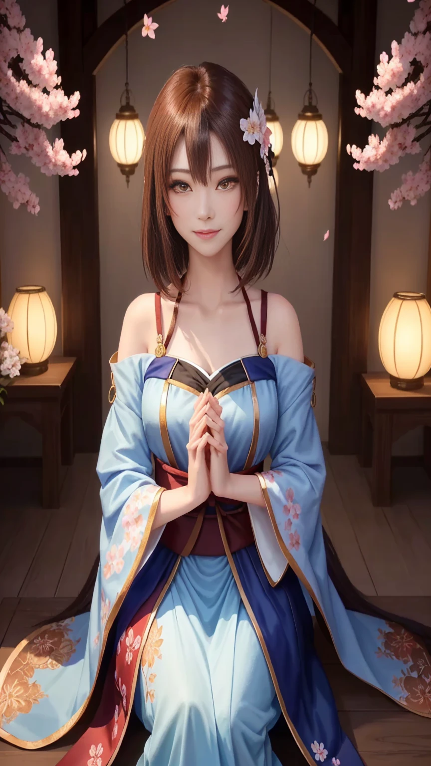 masterpiece , Highest quality,Face close-up,smile,The whole body faces forward,Light Brown Hair,Slim figure,Brown eyes,Crisp contrast,short hair,美しいフォルムのshort hair,Alone,Precision quality,Faithfully recreated eyes, 一面に咲くCherry blossom background,masterpiece, 幻想的なCherry blossom background,Cherry blossom background,Beautiful details, colorful, Subtle details, Delicate lips, Intricate details, Genuine, ultrarGenuineista, 枝に座っている色とりどりの髪のFoxを持つ女の子:mature, Bright Eyes, ,色とりどりのFox, nine tailed fox, 三尾Fox, 三尾Fox, Detailed Art of Onmyoji, Beautiful fine art illustrations, Mythical creatures, Fox, Beautiful digital art,Shrine maiden,Holding hands,Exquisite digital illustrations, mizutsune, Inspired by mythical wild spider web creatures, Digital art pixiv, Dazzling Light, High Contrast, mysterious,