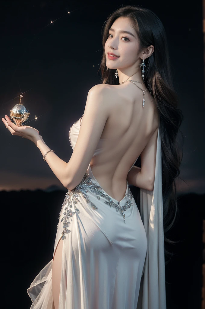 (((best quality))),(((ultra detailed))),(((masterpiece))),illustration,((A beautiful female astrologer,solo)),((slim,thin)),((bare back,towering hips,butt crack)),((shoulder length straight hair)),(laughing:1.2),(earrings,necklace),(sparkled sheer dress:1.3),standing beneath a magical summer night, stars twinkling in the velvety darkness,starry sky, sapphire eyes filled with wonder, flowing ethereal gown mimicking the stars, silver pendant shaped like a horoscope,serene smile and captivating gaze, celestial beauty and mystery, solace and inspiration in the vast expanse of the universe,((back,upper body))