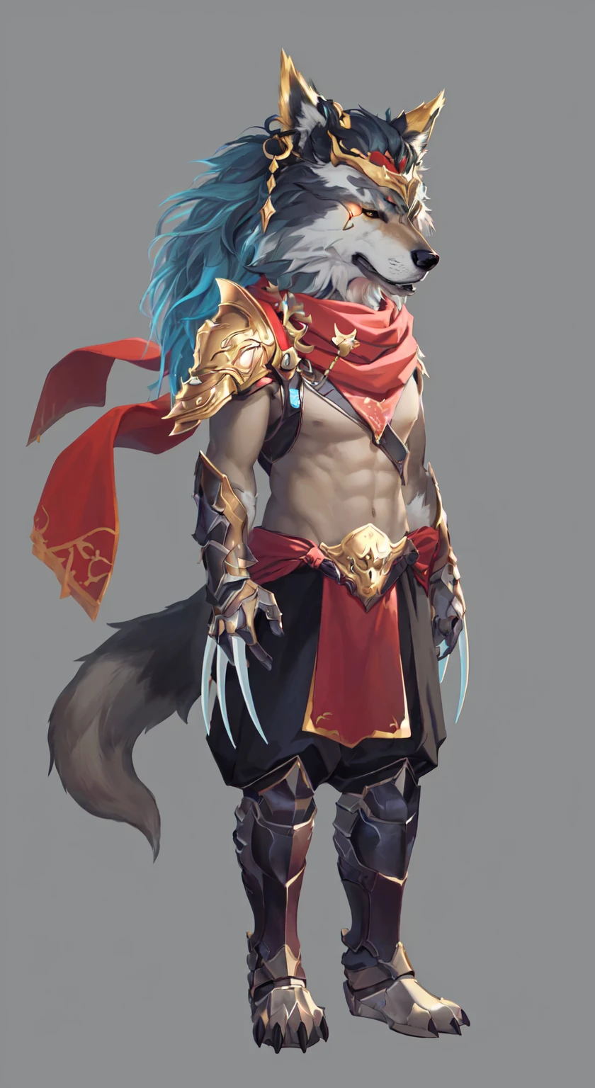 Close-up：A person wearing a costume with a wolf on his head, Anthropomorphic wolf male, Wolf Armor, Anthropomorphic wolves, detailed Whole body concept, Anthropomorphic wolf, an Anthropomorphic wolf, Furry Characters, Anthropology Concept Art, Hero fantasy character concept, detailed Whole body concept art, Whole body concept
