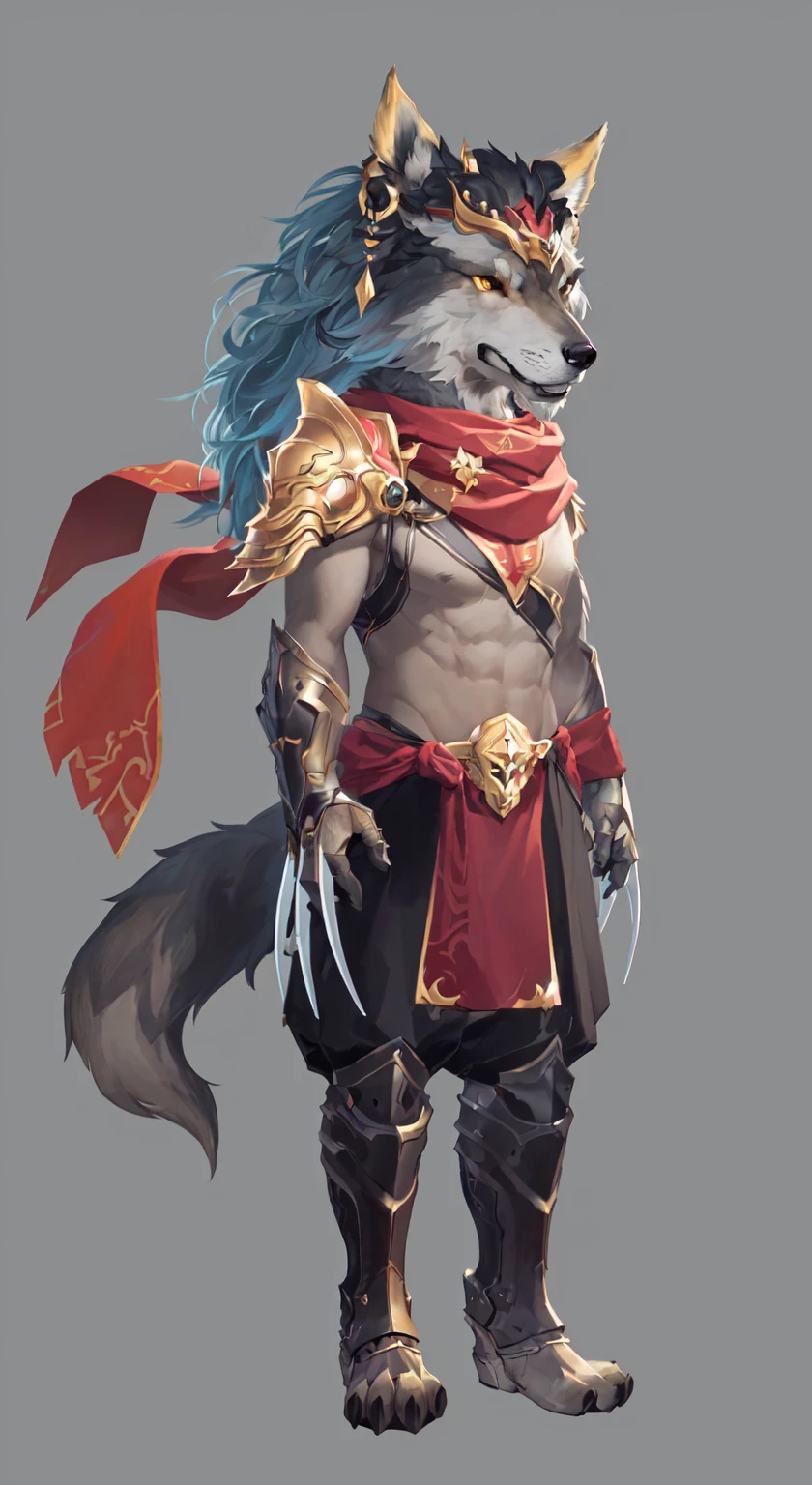 Close-up：A person wearing a costume with a wolf on his head, Anthropomorphic wolf male, Wolf Armor, Anthropomorphic wolves, detailed Whole body concept, Anthropomorphic wolf, an Anthropomorphic wolf, Furry Characters, Anthropology Concept Art, Hero fantasy character concept, detailed Whole body concept art, Whole body concept
