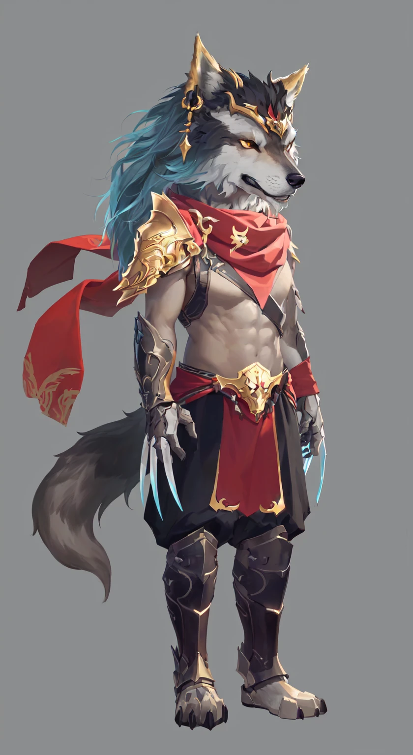 Close-up:A person wearing a costume with a wolf on his head, Anthropomorphic wolf male, Wolf Armor, Anthropomorphic wolves, detailed Whole body concept, Anthropomorphic wolf, an Anthropomorphic wolf, Furry Characters, Anthropology Concept Art, Hero fantasy character concept, detailed Whole body concept art, Whole body concept