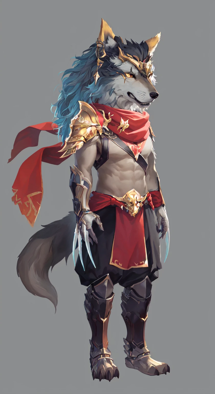 Close-up:A person wearing a costume with a wolf on his head, Anthropomorphic wolf male, Wolf Armor, Anthropomorphic wolves, detailed Whole body concept, Anthropomorphic wolf, an Anthropomorphic wolf, Furry Characters, Anthropology Concept Art, Hero fantasy character concept, detailed Whole body concept art, Whole body concept