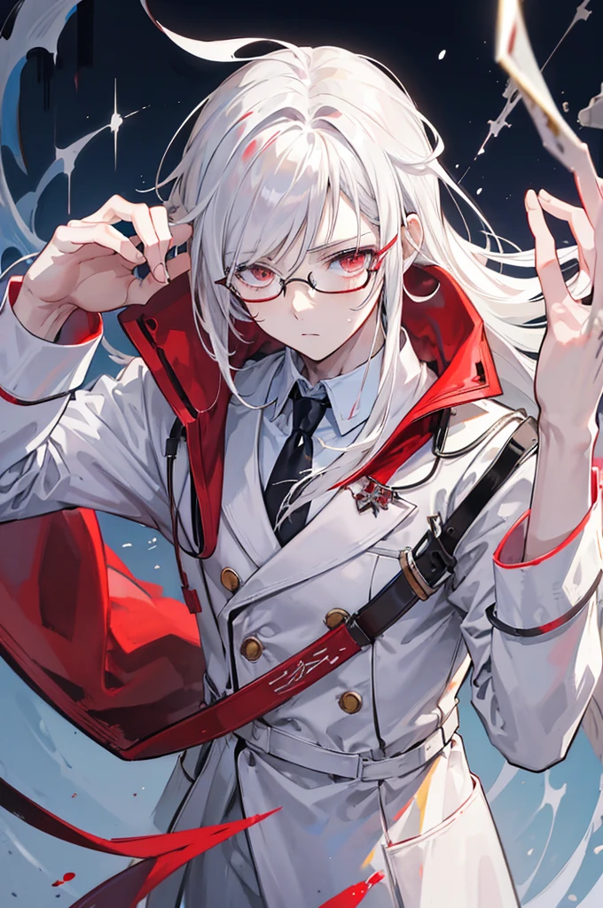 Anime style, male scientist, tall, glasses, brown shoulder length hair with white tips in his hair, white hair tips, the tips of his hair are white, blood on his hands, scalpal in one of his hands covered in blood, , handsome, scary. cold. blood over his lab coat 2578801079
