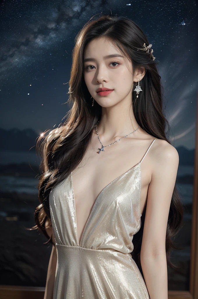 (((best quality))),(((ultra detailed))),(((masterpiece))),illustration,((A beautiful female astrologer,solo)),((slim,thin)),((small breasts,flat chest)),((shoulder length straight hair)),(laughing:1.2),(earrings,necklace),(sparkled sheer shirt-dress:1.3),standing beneath a magical summer night, stars twinkling in the velvety darkness,starry sky, sapphire eyes filled with wonder, flowing ethereal gown mimicking the stars, silver pendant shaped like a horoscope,serene smile and captivating gaze, celestial beauty and mystery, solace and inspiration in the vast expanse of the universe,((from front,upper body))