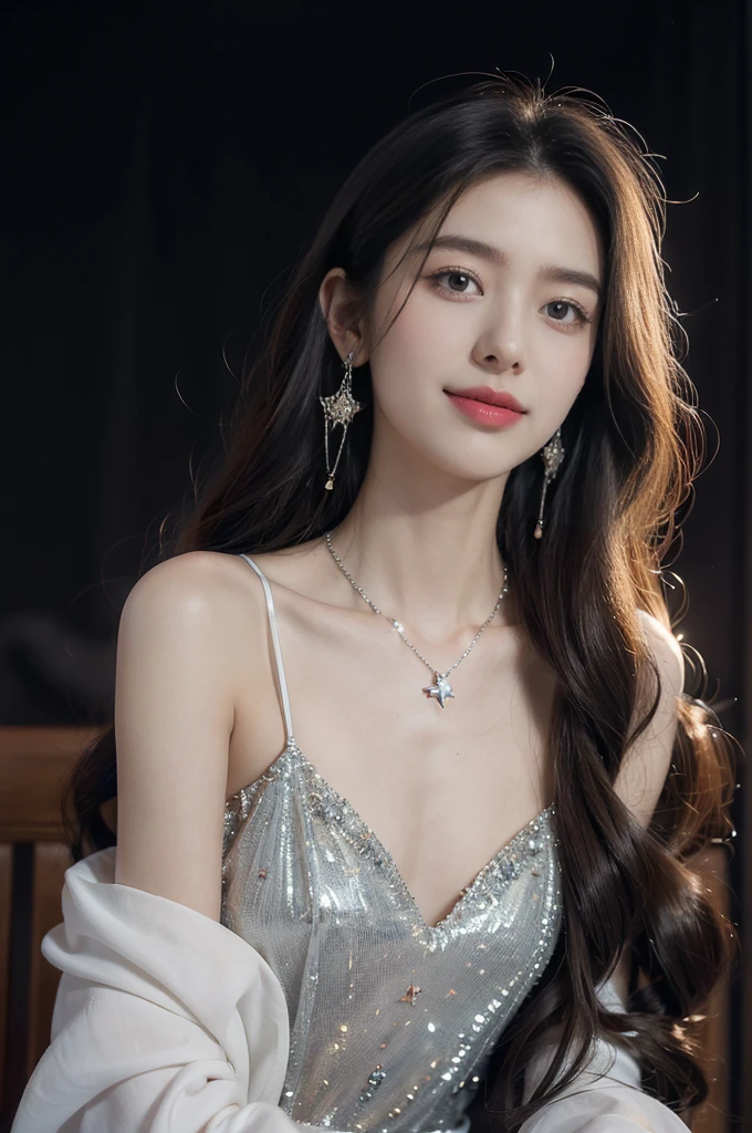 (((best quality))),(((ultra detailed))),(((masterpiece))),illustration,((A beautiful female astrologer,solo)),((slim,thin)),((small breasts,flat chest)),((shoulder length straight hair)),(laughing:1.2),(earrings,necklace),(sparkled sheer shirt-dress:1.3),standing beneath a magical summer night, stars twinkling in the velvety darkness,starry sky, sapphire eyes filled with wonder, flowing ethereal gown mimicking the stars, silver pendant shaped like a horoscope,serene smile and captivating gaze, celestial beauty and mystery, solace and inspiration in the vast expanse of the universe,((from front,upper body))