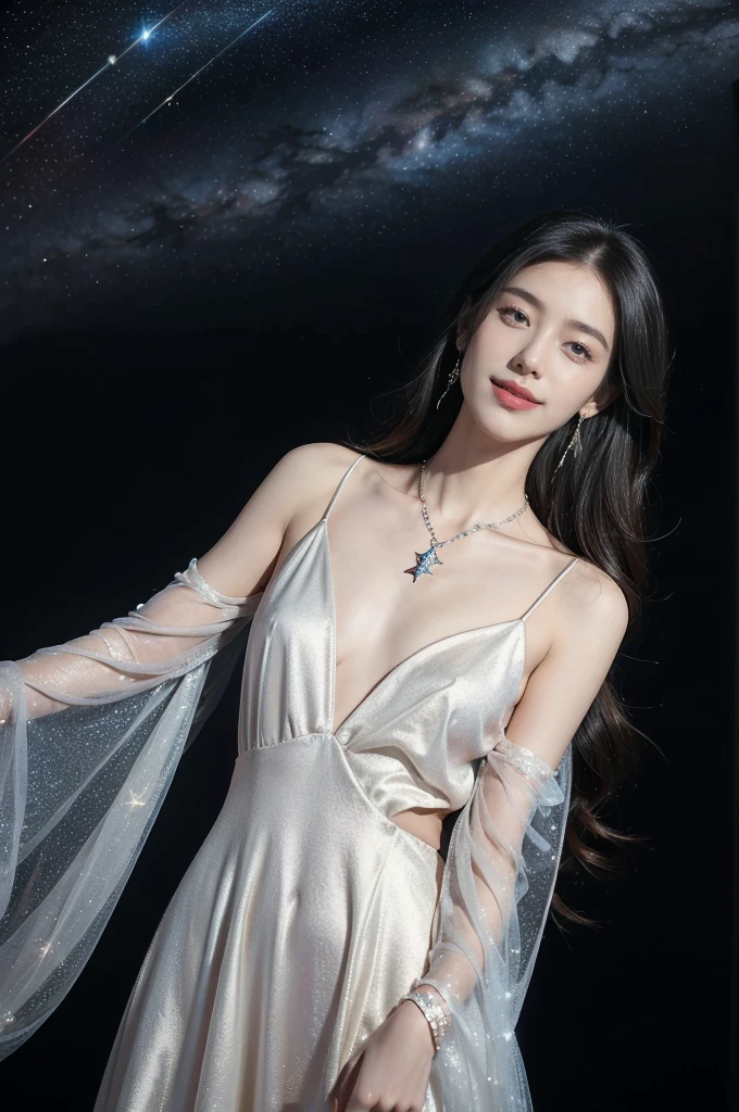 (((best quality))),(((ultra detailed))),(((masterpiece))),illustration,((A beautiful female astrologer,solo)),((slim,thin)),((small breasts,flat chest)),((shoulder length straight hair)),(laughing:1.2),(earrings,necklace),(sparkled sheer shirt-dress:1.3),standing beneath a magical summer night, stars twinkling in the velvety darkness,starry sky, sapphire eyes filled with wonder, flowing ethereal gown mimicking the stars, silver pendant shaped like a horoscope,serene smile and captivating gaze, celestial beauty and mystery, solace and inspiration in the vast expanse of the universe,((from front,upper body))