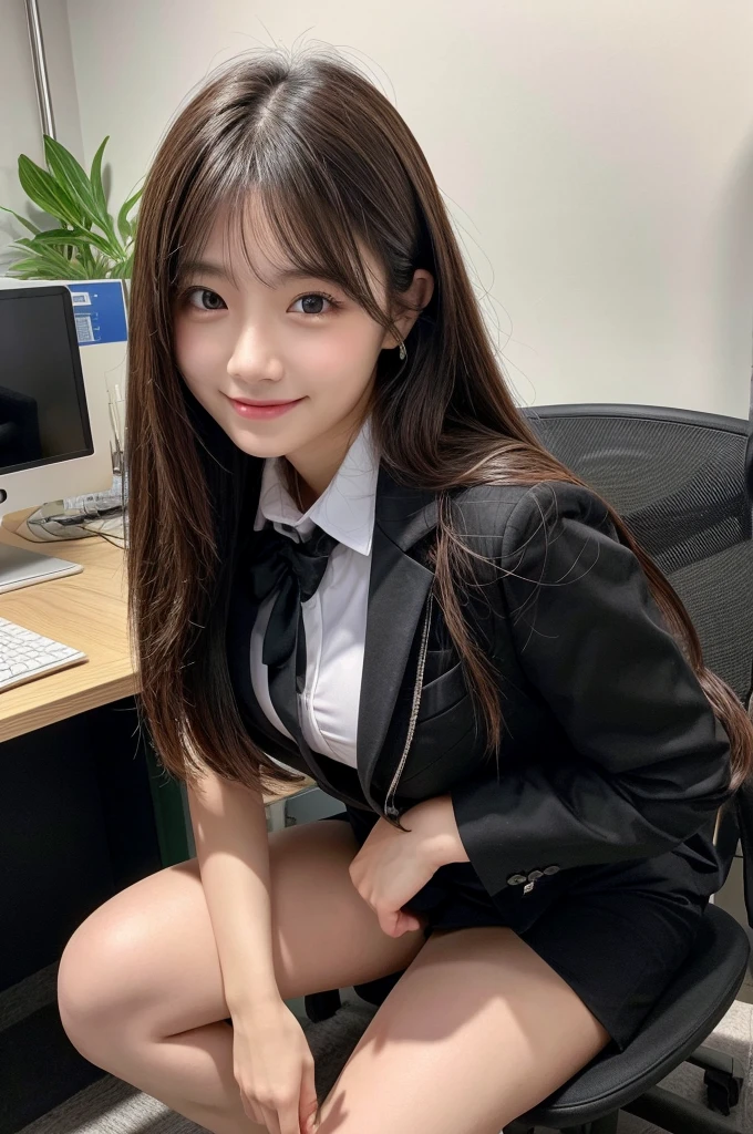 (Natural background), masterpiece, Highest quality, shape, Very detailed, finely, High resolution, 8k wallpaper, 完璧なダイナミックな構shape, finelyて美しい目, Big Breasts, Natural color lip, Random pose, smile, ((office)), 20-year-old girl, Full Body Shot, Long Hair, ((working office uniform)), (dark), Thinking Ahead, Sit on a chair