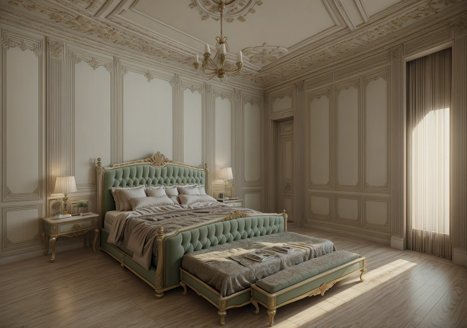 RAW photo, neoclassic bed room, green bed, Masterpiece, high quality, (realistic), (masterpiece,best quality:1.2), quality, authentic, super detail, interior,daylight, vray, luxury, 8k uhd, dslr, soft lighting, high quality, film grain, Fujifilm XT3