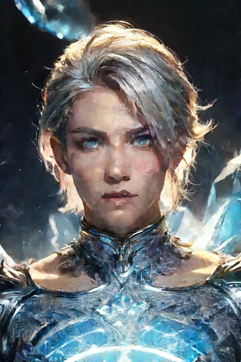 a woman in a silver outfit with blue eyes and a sword, attractive androgynous humanoid, beautiful androgynous prince, ig model | artgerm, artgerm ; 3d unreal engine, extremely detailed artgerm, fanart best artstation, lineage 2 revolution style, hyperrealistic fantasy art, delicate androgynous prince