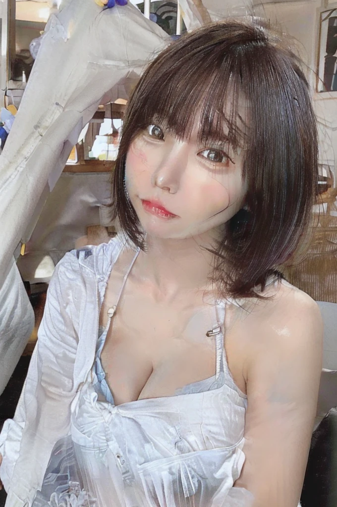A female college student studies while listening to music in a cafe in Tokyo。Sit in the window seat、Looking at the rainy night view。Emotional。
