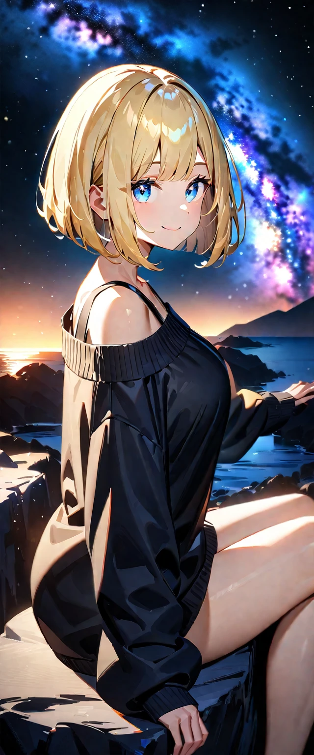 from side, ((happy smile)), ((off-shoulder sweater:1.3, Quite thick shoulder straps)), ((black sweater)), ((Aran sweater)), (((from above))), ((((upper body)))), ((Leaning to side)), (((a beautiful starry sky, the Milky Way shining beautifully in the night))), ((sitting on the very high cliff)), wavy hair, inward curled hair, sea, ((blond hair, bob cut:1.3)), breasts, teenager, (looking at viewer), oversized clothes, puffy long sleeves, collarbone, head tilt:1.3, (((blue eyes))), happy smile, (((anime style))), (best quality, 4K, 8K, highres, masterpiece:1.2, ultra-detailed, ultra-detailed eyes, HDR, uhd, studio lighting, ultra-fine painting, sharp focus, physically-based rendering, extreme detail description, professional, vivid colors, bokeh)