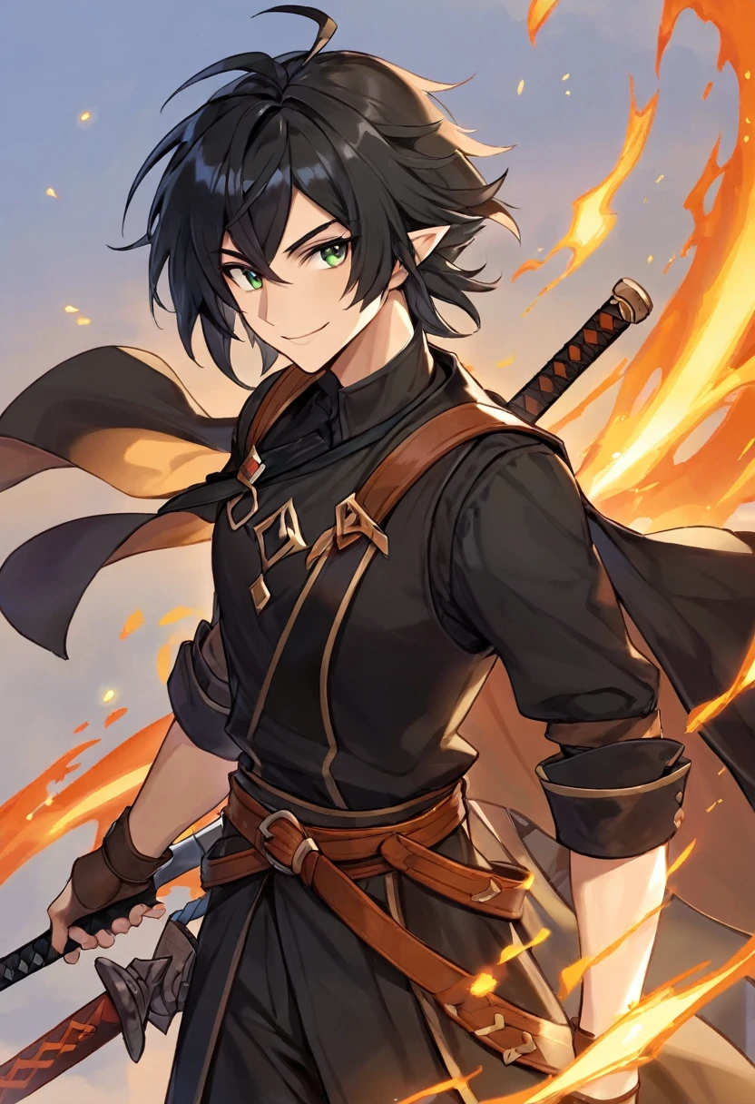 human male, dnd, adventurer, black hair, black cloth, smirk, sword, tan skin