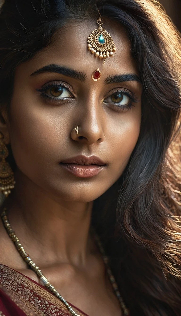 a beautiful mysterious indian woman, intricate detailed face, piercing eyes, long eyelashes, delicate skin, natural beauty, flowing hair, candid elegant pose, dramatic lighting, cinematic mood, muted color palette, chiaroscuro lighting, high quality, photorealistic, 8k, intricate details, professional rendering