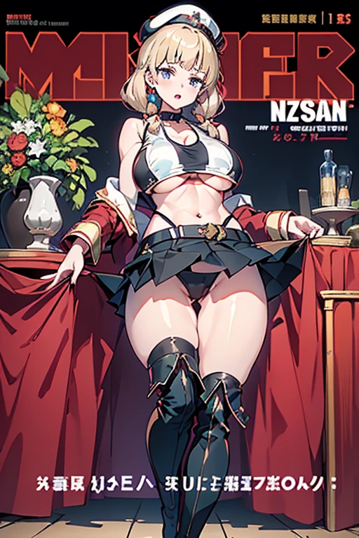 (masterpiece:1.2), (Military uniform magazine cover:1.4),best quality,PIXIV,Sweet girl , sexy posture,1girl, (perky chest:1.2), rolling upskirt by wind:1.6, (with sparkling eyes and a contagious smile),open mouth, (pointed chest:1.2),fishnets, black hair, boots, long hair, black nails, skirt, shirt, black footwear, bag, black skirt, jewelry, jacket,  thigh strap, bangs, necktie, earrings, nail polish, multicolored hair, looking at viewer, full body, bottle, own hands together, belt, jacket on shoulders, food, cats on head, ring, choker, english text, collared shirt, blue eyes, hat, lace-up boots ,masterpiece、highest quality、Very detailed、An illustration、Beautiful fine details、One Girl、cute、Detailed landscape、Training Room Background:1.4、Platinum Blonde Hair、Braided Ponytail、Red camisole、((c cup breasts, Tank top showing underboob:1.4))
