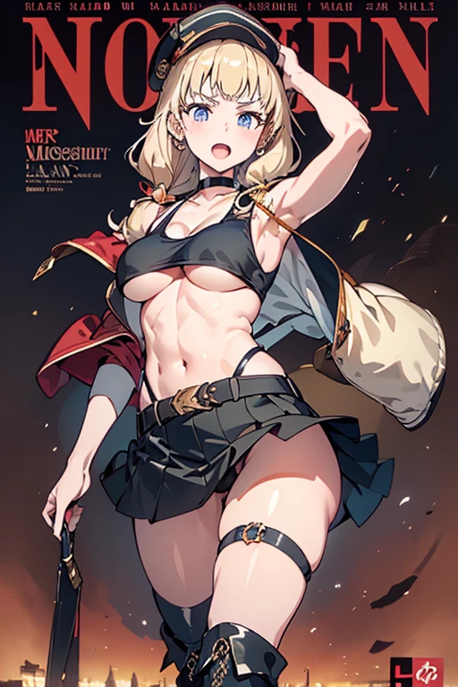 (masterpiece:1.2), (Military uniform magazine cover:1.4),best quality,PIXIV,Sweet girl , sexy posture,1girl, (perky chest:1.2), rolling upskirt by wind:1.6, (with sparkling eyes and a contagious smile),open mouth, (pointed chest:1.2),fishnets, black hair, boots, long hair, black nails, skirt, shirt, black footwear, bag, black skirt, jewelry, jacket,  thigh strap, bangs, necktie, earrings, nail polish, multicolored hair, looking at viewer, full body, bottle, own hands together, belt, jacket on shoulders, food, cats on head, ring, choker, english text, collared shirt, blue eyes, hat, lace-up boots ,masterpiece、highest quality、Very detailed、An illustration、Beautiful fine details、One Girl、cute、Detailed landscape、Training Room Background:1.4、Platinum Blonde Hair、Braided Ponytail、Red camisole、((c cup breasts, Tank top showing underboob:1.4))
