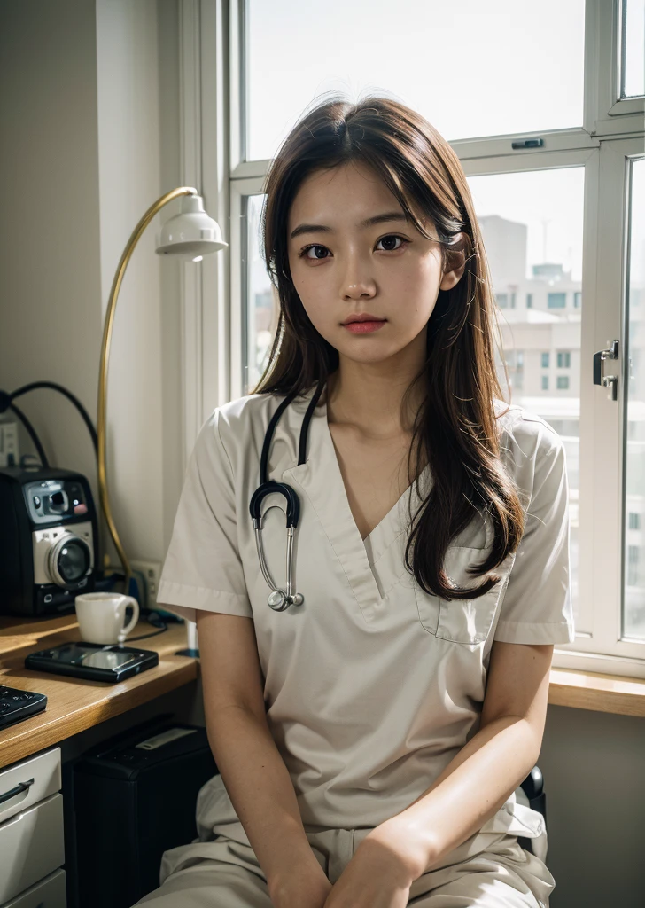 Realistic, photo-Realistic:1.37),(8K, RAW Photos, Highest quality, masterpiece:1.2), Ultra-detailed, 超High resolution, Kodak Vision Color, Filmed with an Arricam LT camera,Highest quality, Lively, 8K, High resolution, Escape, (Professional Lighting), (Portraiture:0.6), Brown Hair,22 years old、slender、hospital、Female doctor、doctor、Have a medical examination、