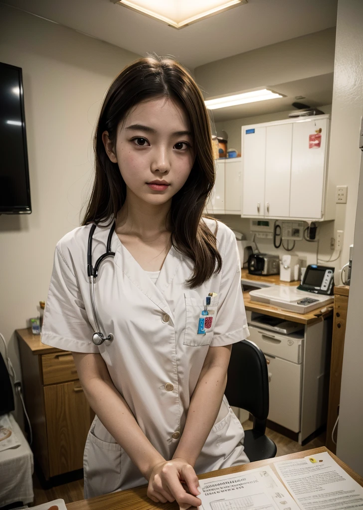 Realistic, photo-Realistic:1.37),(8K, RAW Photos, Highest quality, masterpiece:1.2), Ultra-detailed, 超High resolution, Kodak Vision Color, Filmed with an Arricam LT camera,Highest quality, Lively, 8K, High resolution, Escape, (Professional Lighting), (Portraiture:0.6), Brown Hair,22 years old、slender、hospital、Female doctor、doctor、Have a medical examination、