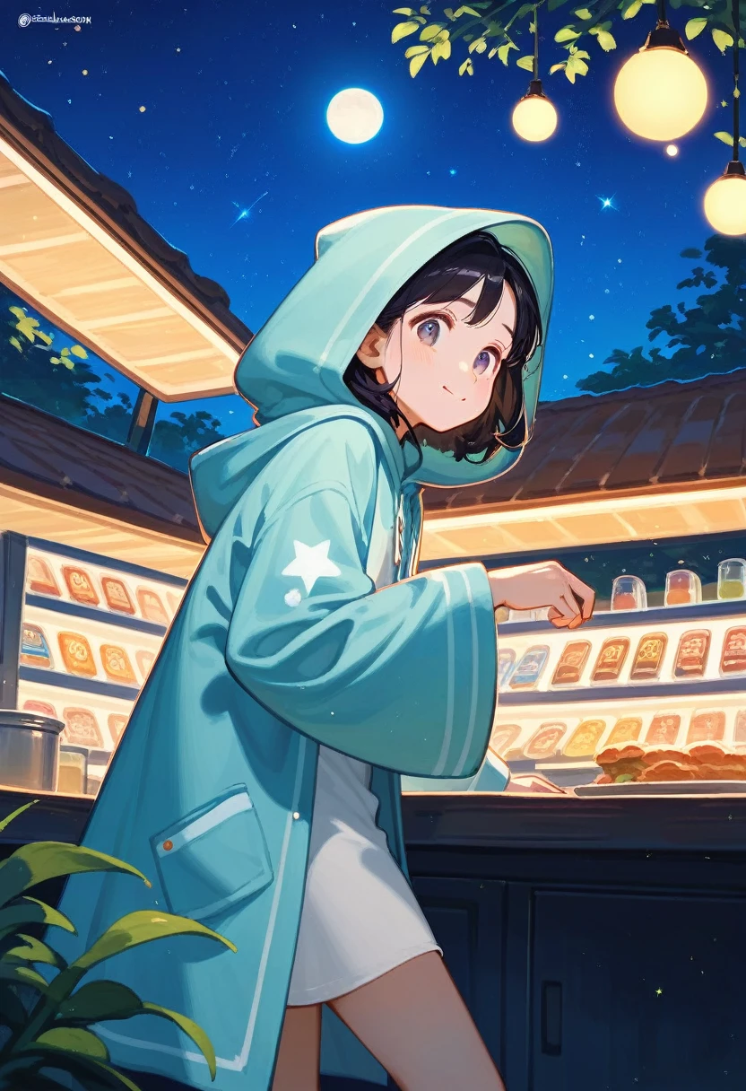 score_9, score_8_up, score_7_up, score_6_up, score_5_up, score_4_up, cute astrologer, smiles, wearing hooded robe, runs astrologer's shop on lush hilltop, round table covered with cloth, dancing stars, mysteriously glowing horoscope, moon, sun, stars, constellations, cute fantasy, disney-style effects