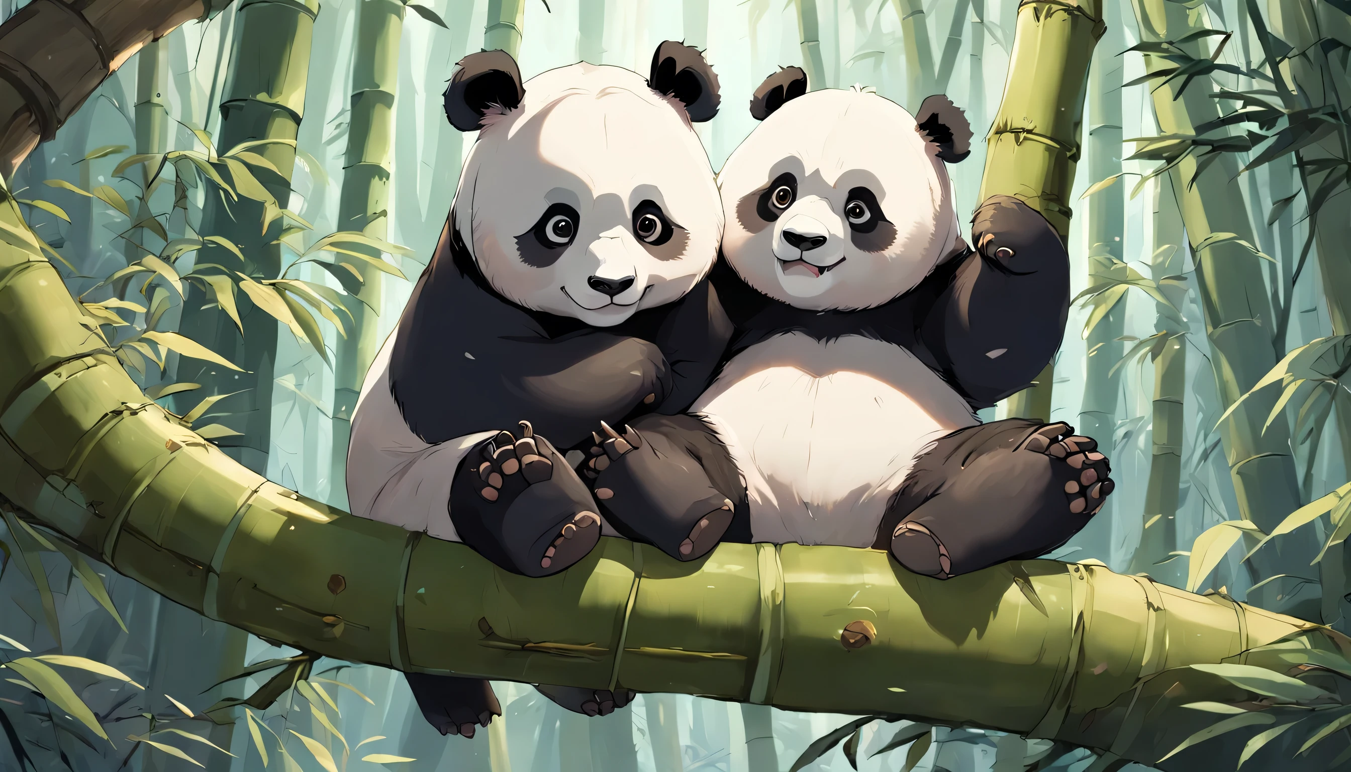 "Perched on a panda tree,Leaves and branches fluttering,Cute giant panda,Highly detailed digital painting,Beautiful panda,Yang Jie&#39;s works,Cartoon animal portrait,In the bamboo forest,Director Liang Kai,Beautifully detailed digital art,Ni Tian&#39;s Works,High quality digital painting,Perfect brown eyes,Bamboo Leaf Smiley Face。"