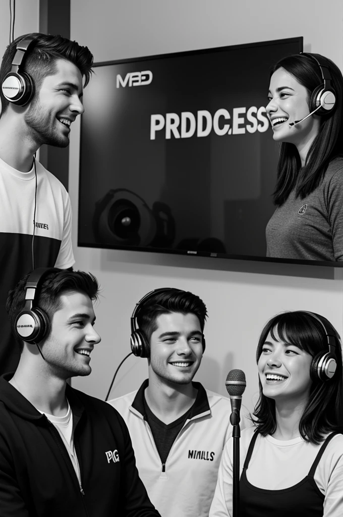 A creative image of two young men and women holding a microphone and a headset each, in a podcast. The background shows a minimalist recording studio, with soft lighting highlighting the wall display with the word "SPEAK PE" in big red letters, black and white.The people in the image are concentrating on their conversation, while sharing laughter and affectionate moments, generating an atmosphere of friendship and fun.
