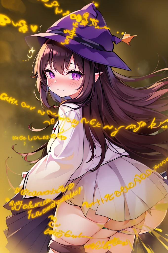 Witch Hat (Brown Hair) Long Hair (Small breasts) (Purple Eyes) ((())) (Slanted Eyes) (low length),(Turn around) (((solo))), Embarrassed, blush, uniform、(I'm pulling up my skirt) (((A girl farts)))Standing with legs together
、(Holding on)((Her butt is facing me)) ((Loli face)(((Yellow gas leaking from the anus)))(((High quality eyes)))