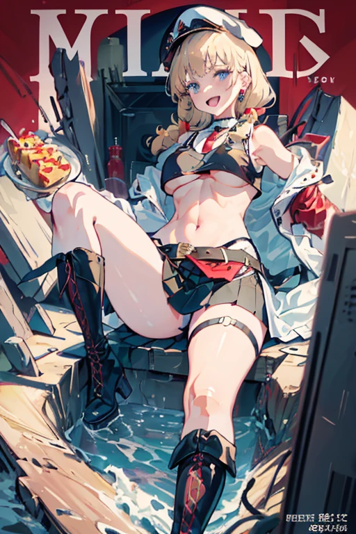 (masterpiece:1.2), (Military uniform magazine cover:1.4),best quality,PIXIV,Sweet girl , sexy posture,1girl, (perky chest:1.2), rolling upskirt by wind:1.6, (with sparkling eyes and a contagious smile),open mouth, (pointed chest:1.2),fishnets, black hair, boots, long hair, black nails, skirt, shirt, black footwear, bag, black skirt, jewelry, jacket,  thigh strap, bangs, necktie, earrings, nail polish, multicolored hair, looking at viewer, full body, bottle, own hands together, belt, jacket on shoulders, food, cats on head, ring, choker, english text, collared shirt, blue eyes, hat, lace-up boots ,masterpiece、highest quality、Very detailed、An illustration、Beautiful fine details、One Girl、cute、Detailed landscape、Training Room Background:1.4、Platinum Blonde Hair、Braided Ponytail、Red camisole、((c cup breasts, Tank top showing underboob:1.4))
