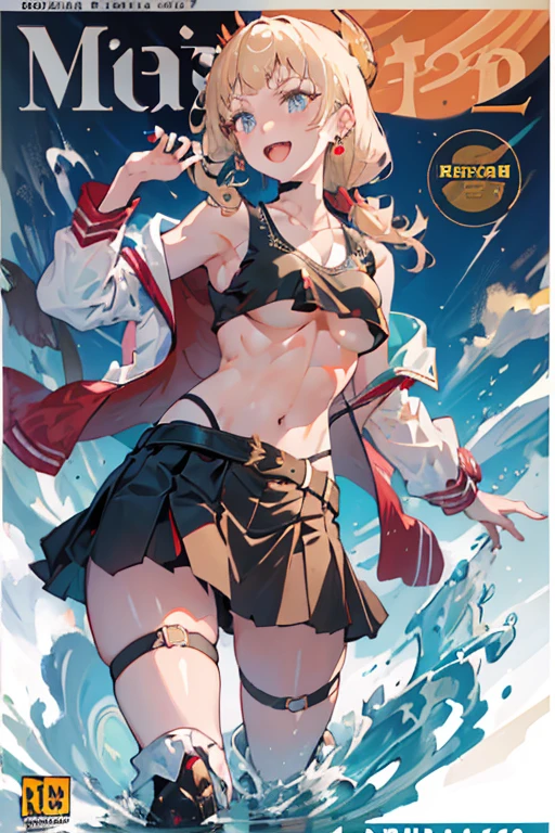 (masterpiece:1.2), (Military uniform magazine cover:1.4),best quality,PIXIV,Sweet girl , sexy posture,1girl, (perky chest:1.2), rolling upskirt by wind:1.6, (with sparkling eyes and a contagious smile),open mouth, (pointed chest:1.2),fishnets, black hair, boots, long hair, black nails, skirt, shirt, black footwear, bag, black skirt, jewelry, jacket,  thigh strap, bangs, necktie, earrings, nail polish, multicolored hair, looking at viewer, full body, bottle, own hands together, belt, jacket on shoulders, food, cats on head, ring, choker, english text, collared shirt, blue eyes, hat, lace-up boots ,masterpiece、highest quality、Very detailed、An illustration、Beautiful fine details、One Girl、cute、Detailed landscape、Training Room Background:1.4、Platinum Blonde Hair、Braided Ponytail、Red camisole、((c cup breasts, Tank top showing underboob:1.4))
