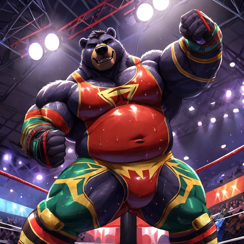 very, wrestling wrestler, fat but muscular, Big, Thick, robust, imposing, sweaty, black bear, wrestling ring background, bright spotlights on the ceiling, public in the background