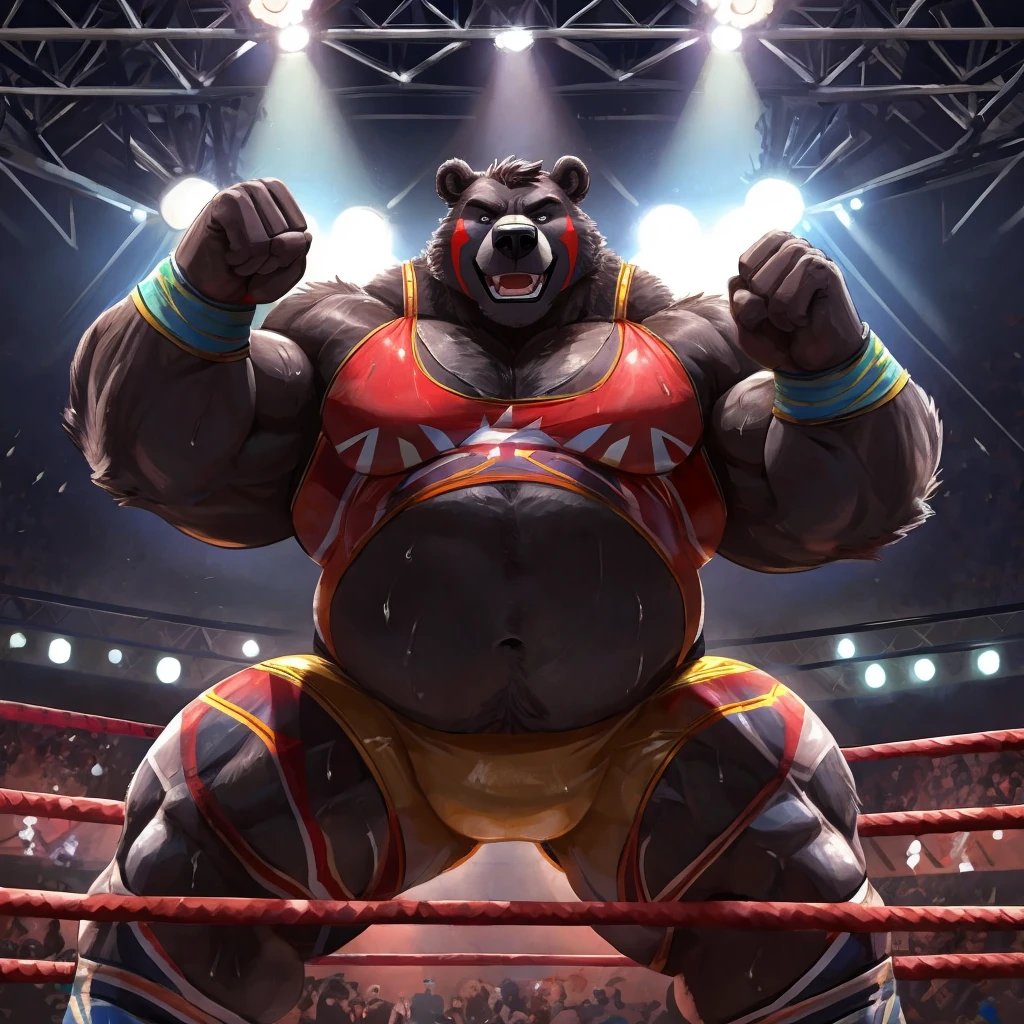 very, wrestling wrestler, fat but muscular, Big, Thick, robust, imposing, sweaty, black bear, wrestling ring background, bright spotlights on the ceiling, public in the background