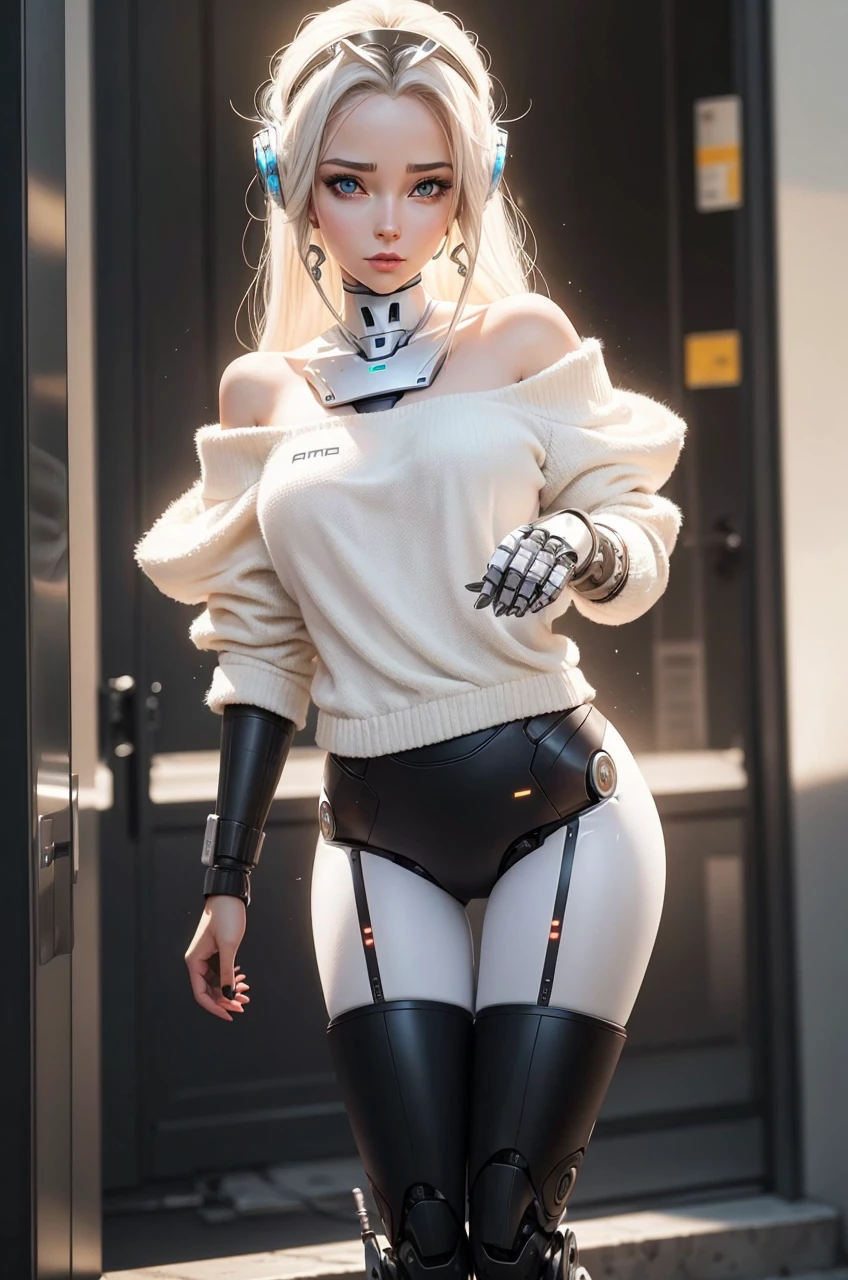 A female robot designed to look like she&#39;s wearing a leotard and pantyhose　Mechanical body　A pose to seduce a man　Background is the bedroom, UHD, retina, masterpiece, accurate, anatomically correct, textured skin, super detail, high details, high quality, award winning, best quality, highres