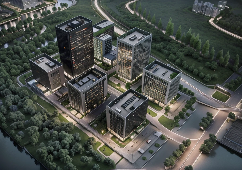 Skyscraper office building with green trees at night, High-tech environment, clear focus illustration hq, hq very detailed, The above points, skyscraper forest community, City, There is a river in the distance, City建筑亮化, High field of view, High-rise buildings，masterpiece，High Detail，HD resolution，8K，Crisp, high-quality rendering