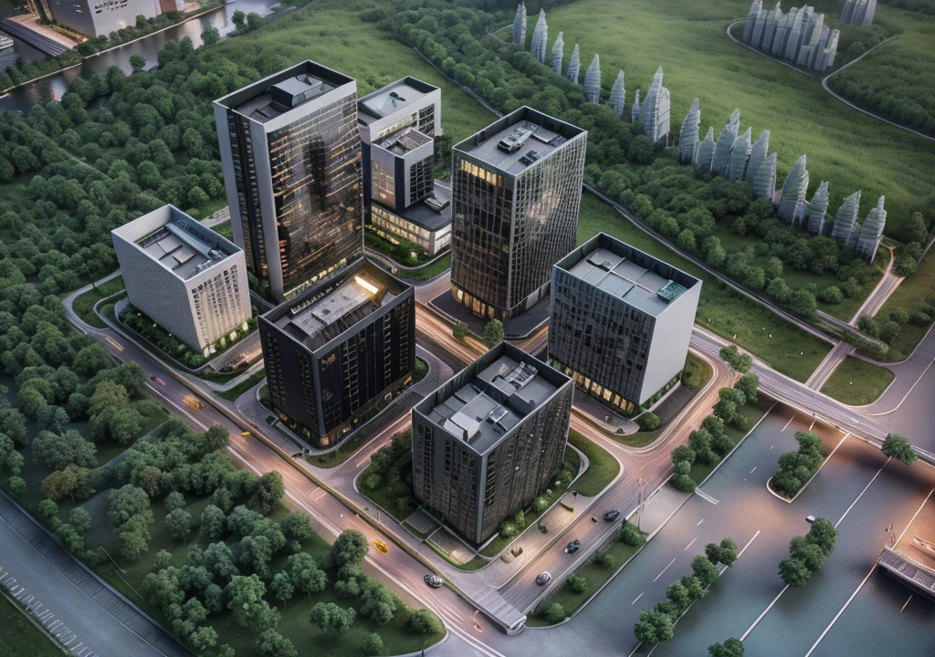 Skyscraper office building with green trees at night, High-tech environment, clear focus illustration hq, hq very detailed, The above points, skyscraper forest community, City, There is a river in the distance, City建筑亮化, High field of view, High-rise buildings,masterpiece,High Detail,HD resolution,8K,Crisp, high-quality rendering