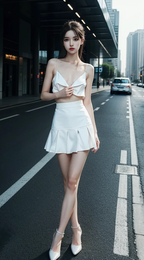 top Quority，Ultra-clear resolution，Clear  eyes，plain face，s the perfect face，White skin，Perfect chest，with perfect legs，Long legs，Short black style skirt，Random environment