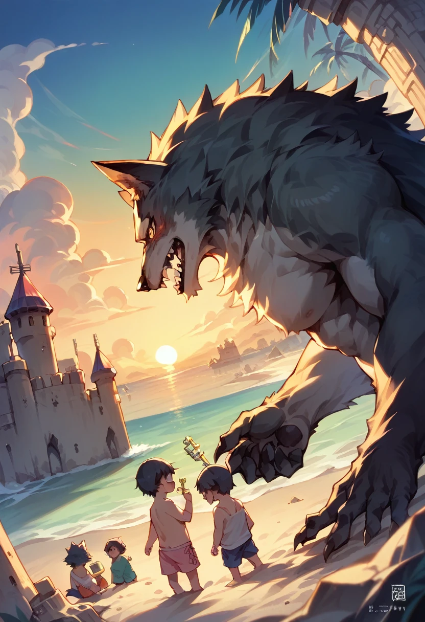 cover page, anime key visual, highres, top quality, best quality, paid reward available, High-quality illustrations, unparalleled masterpiece, perfect artwork, absurdres(family watching sunrise at the beach)((kemono werewolf family with two parents of diverse descents and a child)perfect anatomy, mesmerized by the sunrise,  playing with sand and building a sandcastle, serene beach with gentle waves, sky with vibrant colors of dawn, family’s expressions of awe and happiness, moment of peace and togetherness, fan-created work shared on platforms Pixiv or , cinematic lighting, dynamic angle,