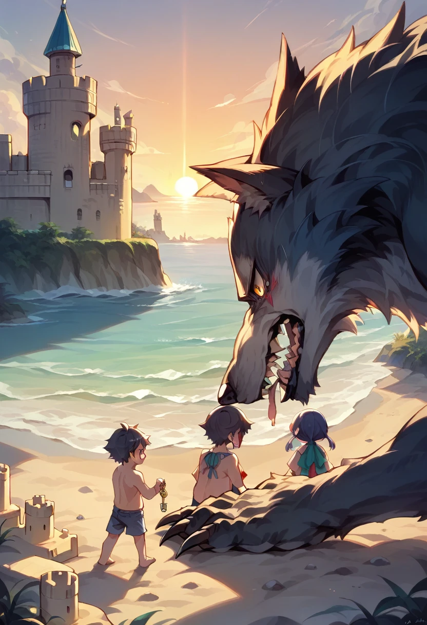 cover page, anime key visual, highres, top quality, best quality, paid reward available, High-quality illustrations, unparalleled masterpiece, perfect artwork, absurdres(family watching sunrise at the beach)((kemono werewolf family with two parents of diverse descents and a child)perfect anatomy, mesmerized by the sunrise,  playing with sand and building a sandcastle, serene beach with gentle waves, sky with vibrant colors of dawn, family’s expressions of awe and happiness, moment of peace and togetherness, fan-created work shared on platforms Pixiv or , cinematic lighting, dynamic angle,