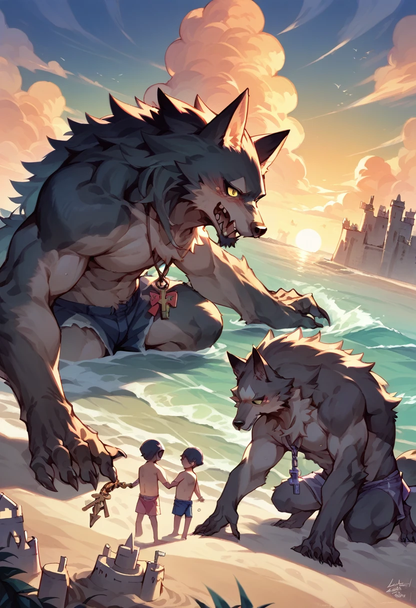 cover page, anime key visual, highres, top quality, best quality, paid reward available, High-quality illustrations, unparalleled masterpiece, perfect artwork, absurdres(family watching sunrise at the beach)((kemono werewolf family with two parents of diverse descents and a child)perfect anatomy, mesmerized by the sunrise, playing with sand and building a sandcastle, serene beach with gentle waves, sky with vibrant colors of dawn, family’s expressions of awe and happiness, moment of peace and togetherness, fan-created work shared on platforms Pixiv or , cinematic lighting, dynamic angle,