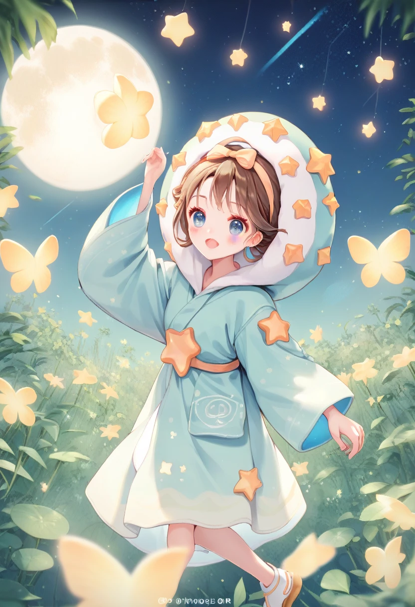 score_9, score_8_up, score_7_up, score_6_up, score_5_up, score_4_up, cute astrologer, smiles, wearing hooded robe, runs astrologer's shop on lush hilltop, round table covered with cloth, dancing stars, mysteriously glowing horoscope, moon, sun, stars, constellations, cute fantasy, disney-style effects