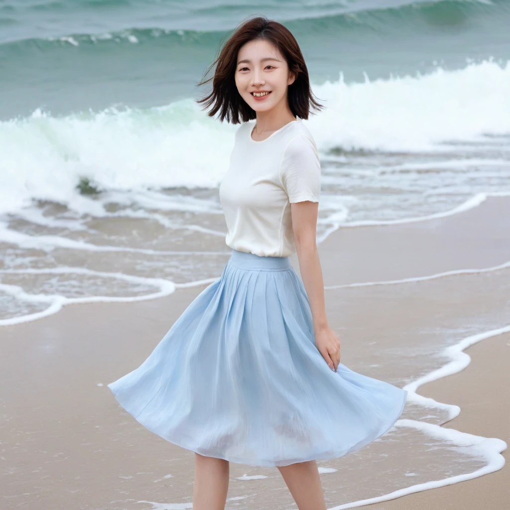 blue, Beach with white waves, Clear picture quality, Beautiful 36-year-old short Korean woman, Chest size 34 inches, Wear white short sleeves and sleeveless tops, lightweight mid length skirt. beautiful pretty woman look , wearing a light skirt , Dipping my toes in the waves crashing in the distance. Short medium hair blowing in the wind, 1 woman, beautiful eyes, Smiling, Full-body photo taken from afar with a wide-angle lens, The background is clean and perfect., Waves are coming on the white sand beach, My skirt was very wet.. short woman