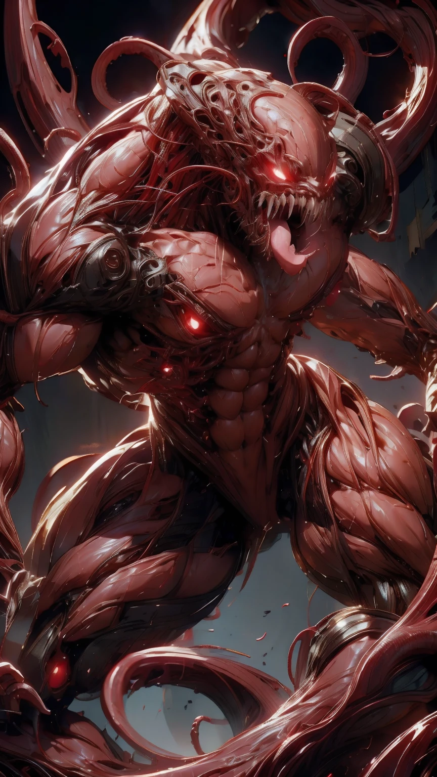 megan fox as a vampiric muscular red carnage, (mouth wide open with tongue out:1.25), (red carnage anatomic muscular bio-mecha muscle suit:1.25), (body totally covered in muscles, veins, tendons), (perfect muscular anatomy),