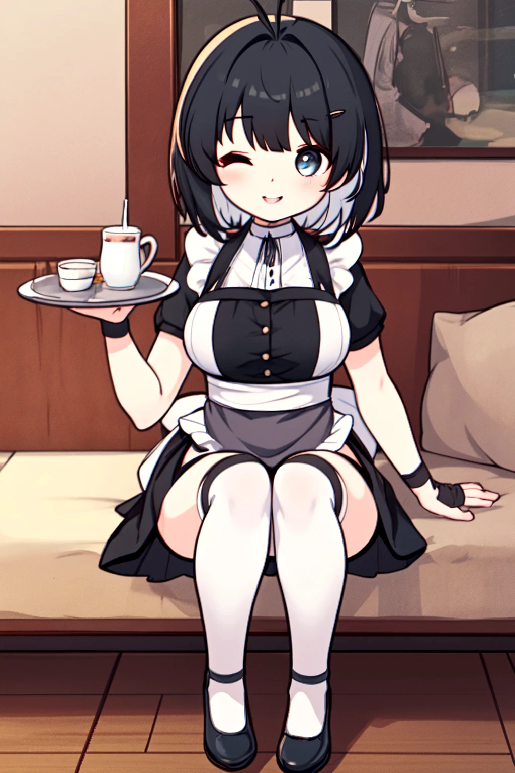 1girl, solo, long hair, breasts, looking at viewer, blush, bangs, large breasts, black hair, thighhighs, ribbon, navel, brown eyes, short sleeves, parted lips, puffy sleeves, black thighhighs, indoors, mole, blurry, apron, red ribbon, cup, puffy short sleeves, maid, maid headdress, mole under eye, neck ribbon, blurry background, table, squatting, curtains, fishnets, teacup, pasties, shrug (clothing), tiptoes, fishnet thighhighs, heart pasties