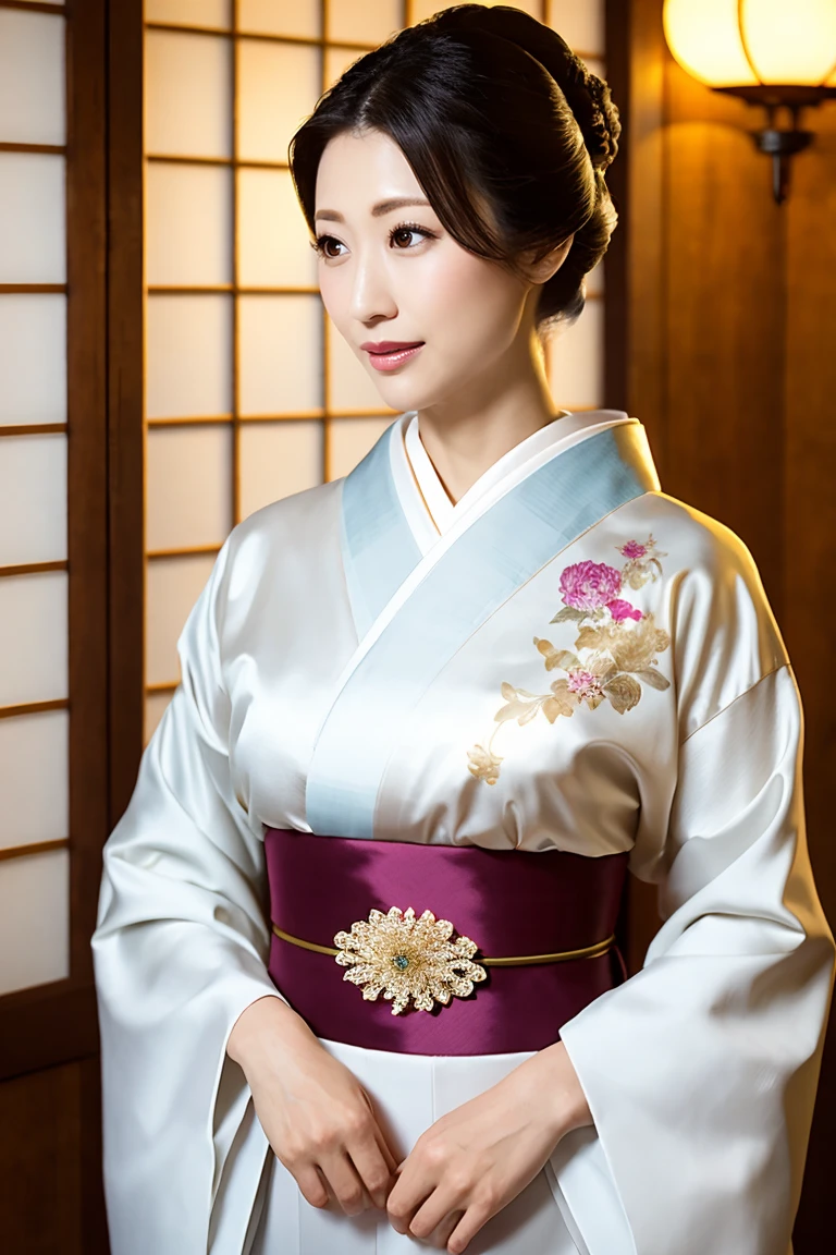 (Highest quality、Tabletop、8K、Best image quality、Award-winning works)、(1 Beautiful Mature Woman:1.1)、(Innkeeper:1.1)、(Elegant floral kimono:1.2)、(A kimono with a perfect and accurate collar:1.2)、Perfect Mature Woman Portrait Photo、Glowing Skin、Standing Elegantly、(Blurred elegant and elaborate perfect Japanese style room background:1.3)、(The most natural and perfect tidy Japanese-style room background:1.2)、(Elegant and luxurious Japanese style room background:1.1)、Glowing White Skin、Very white skin、(Accentuate your body lines:1.1)、(The most elegant posture:1.2)、(Large Breasts:1.2)、(Chignon:1.2)、(Accurate anatomy:1.2)、(Staring at me:1.2)、(Stand elegantly facing forward:1.2)、(Front view:1.2)