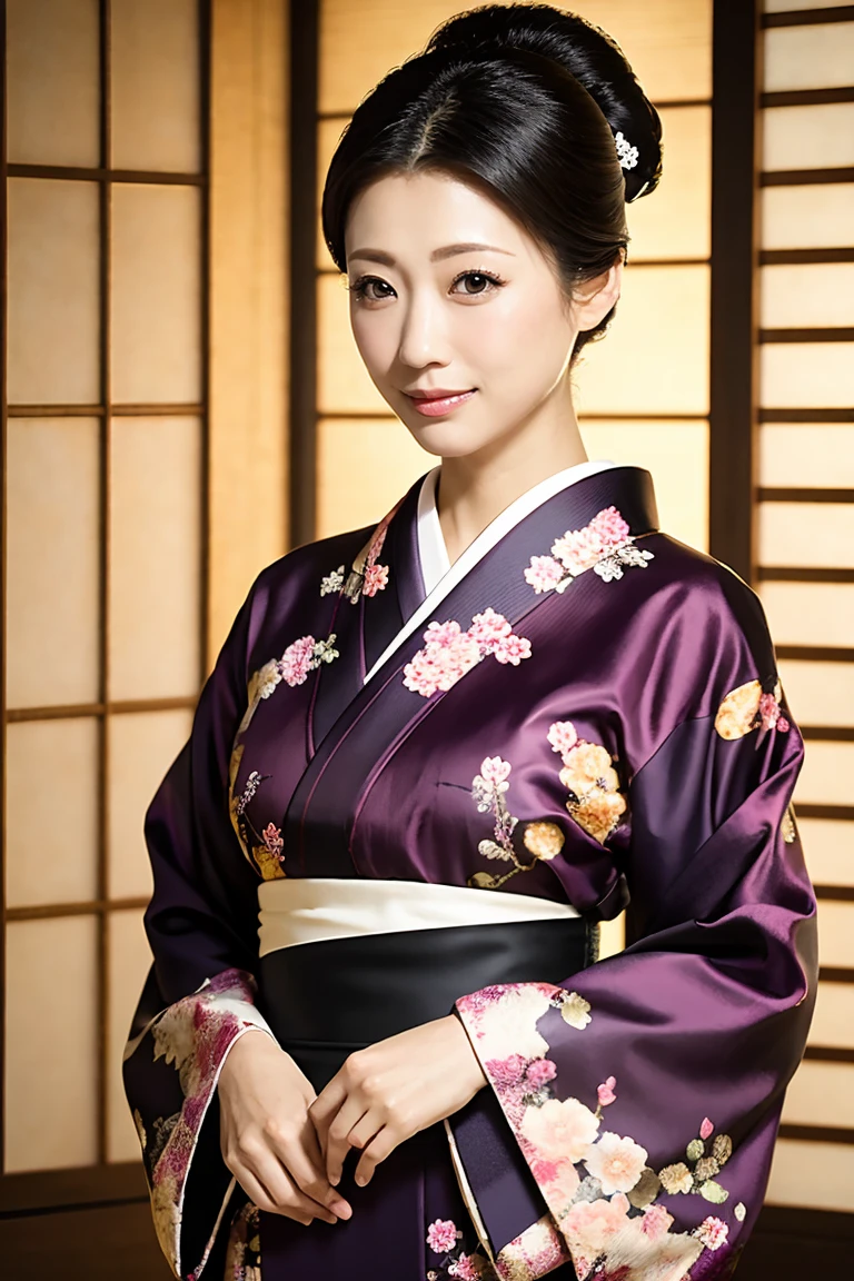 (Highest quality、Tabletop、8K、Best image quality、Award-winning works)、(1 Beautiful Mature Woman:1.1)、(Innkeeper:1.1)、(Elegant floral kimono:1.2)、(A kimono with a perfect and accurate collar:1.2)、Perfect Mature Woman Portrait Photo、Glowing Skin、Standing Elegantly、(Blurred elegant and elaborate perfect Japanese style room background:1.3)、(The most natural and perfect tidy Japanese-style room background:1.2)、(Elegant and luxurious Japanese style room background:1.1)、Glowing White Skin、Very white skin、(Accentuate your body lines:1.1)、(The most elegant posture:1.2)、(Large Breasts:1.2)、(Chignon:1.2)、(Accurate anatomy:1.2)、(Staring at me:1.2)、(Stand elegantly facing forward:1.2)、(Front view:1.2)
