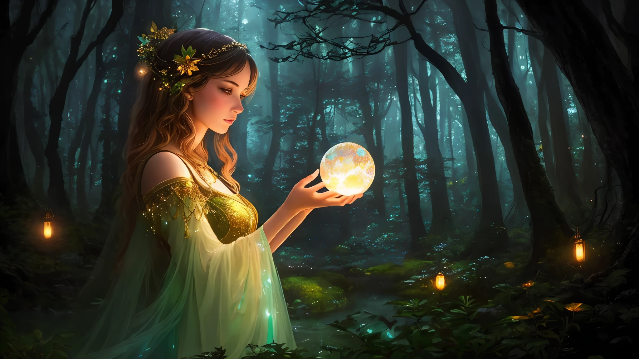 There is a woman with a glowing ball in the forest., fantasy gorgeous lighting, beautiful fantasy art, beautiful fantastic paintings, very beautiful fantasy art, fantasy art, amazing young graceful person, realistic fantasy paintings, fantastic fantasy, shine with magic, mysterious beauty, beautiful fantasy art portrait, fantasy digital art, enchanted with nature spirit, fantasy beautiful, breathtaking fantasy art