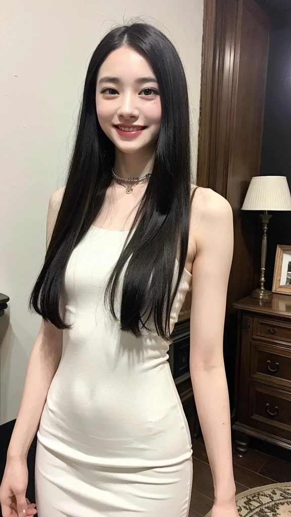 22-year-old girl, with gray eyes, pale white skin, slim figure, smiling, black hair, fashionable, arranging antiques, photo taken with an ultra-realistic professional camera
